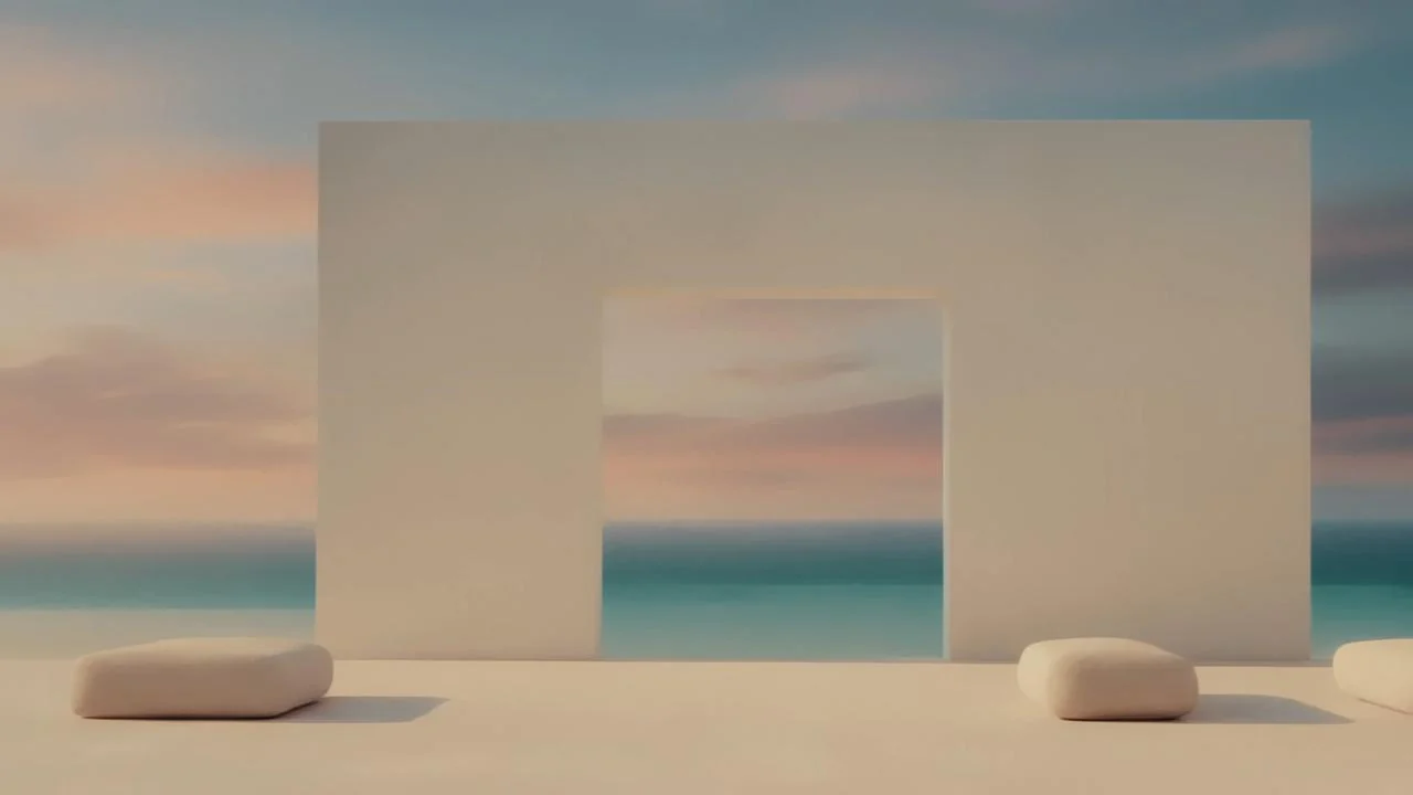 A calm sea-facing architectural frame from the client-supplied Alam Al Roum visuals