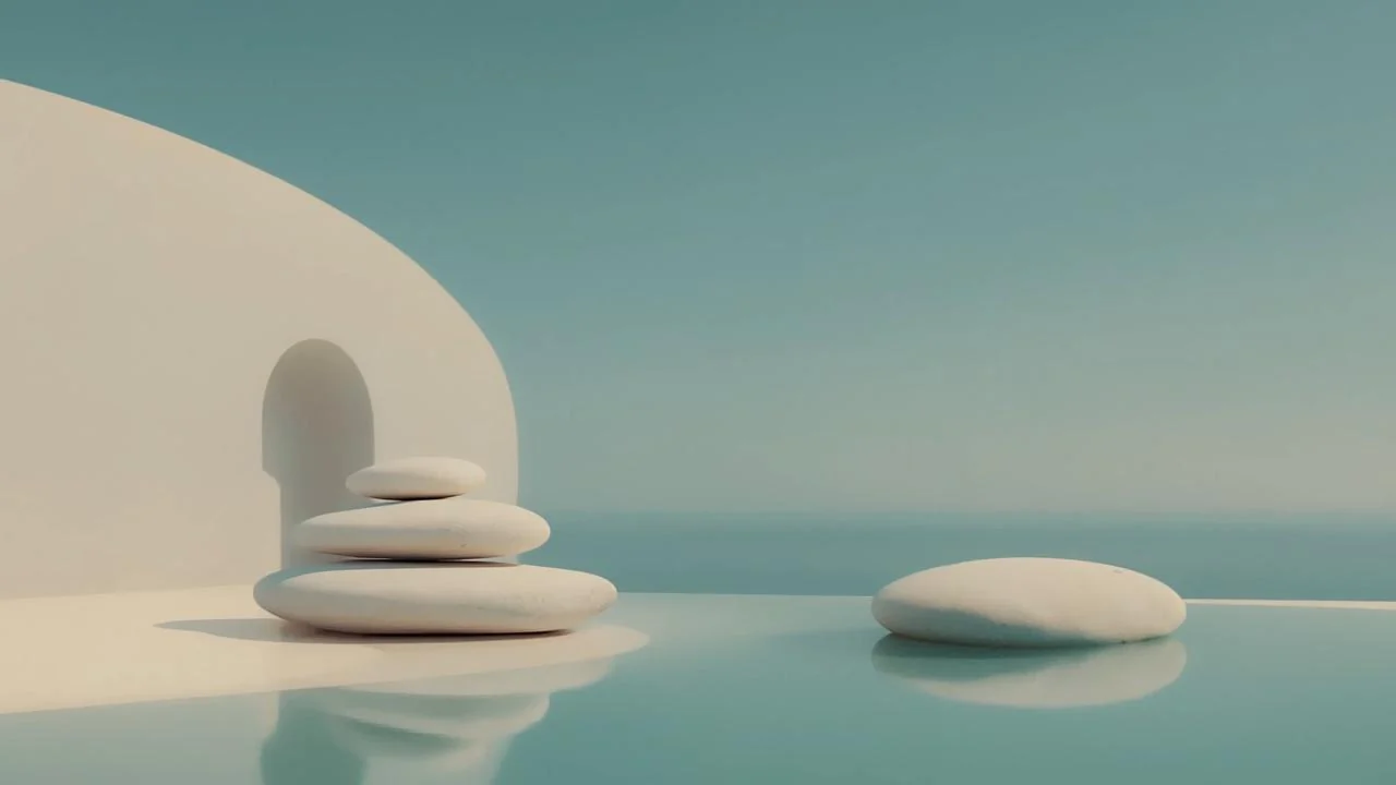 A calm reflective coastal courtyard from the client-supplied Alam Al Roum visuals