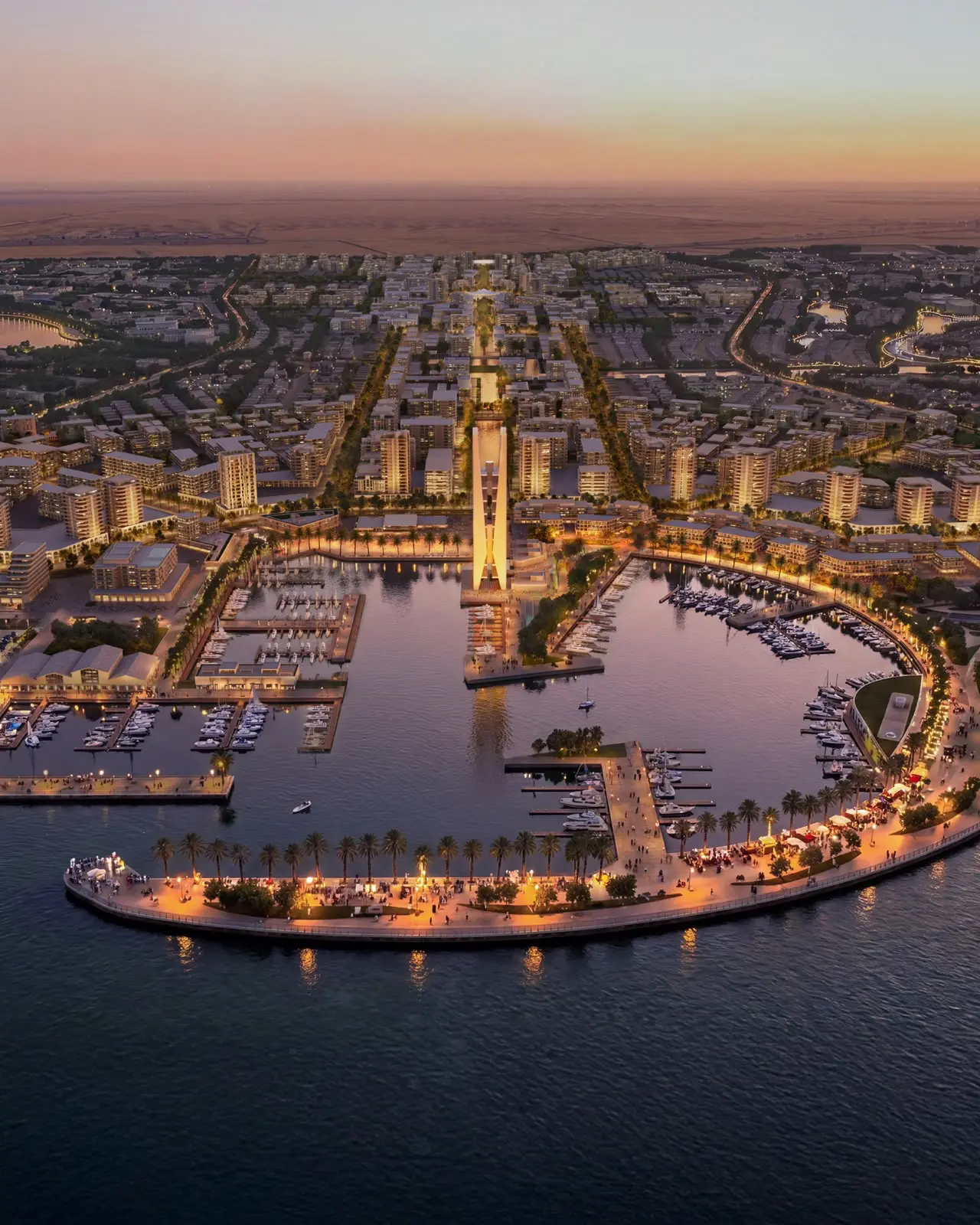 Architectural aerial visualization of the planned Alam Al Roum marina at sunset