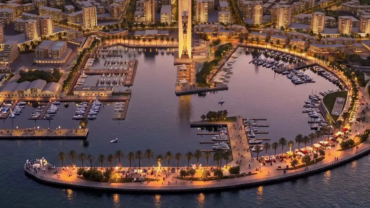 تصور معماري جوي لمارينا علم الروم المخططة عند الغروب